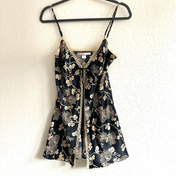 Victoria’s Secret‎ Vintage Satin & Lace Lingerie Chemise Slip M Tie Black  Gold - Picture 1 of 6